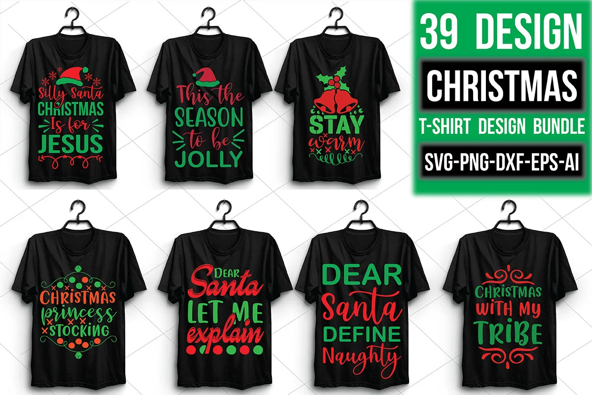 Set of black T-shirts with green and red Christmas prints.