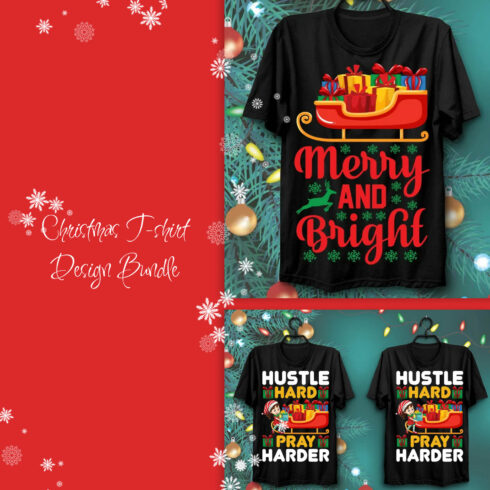 Black T-shirts with colorful Christmas prints.