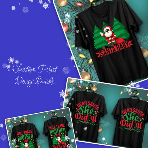 Black T-shirts with colorful Christmas prints.