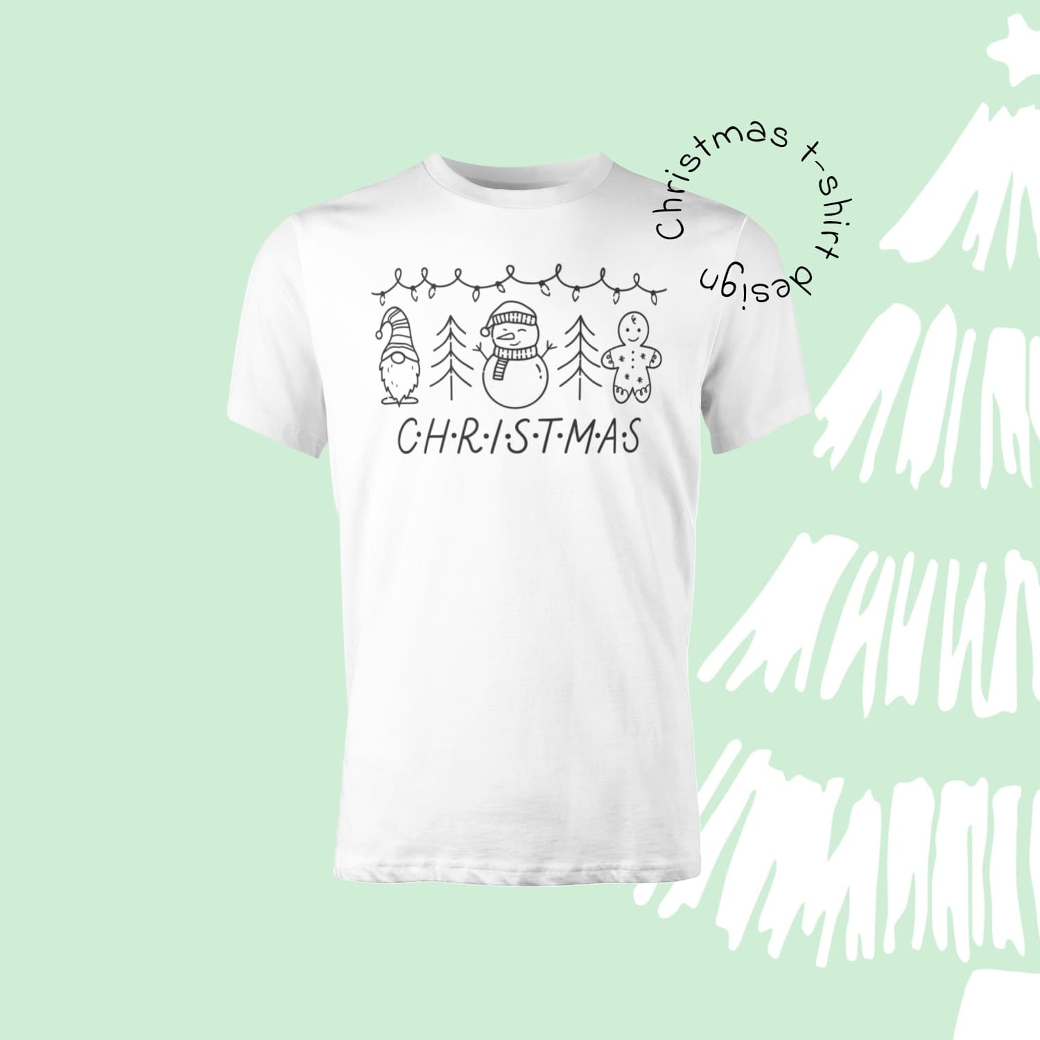 White T-shirt with hand-drawn merry snowman, gnome and gingerbread man print.