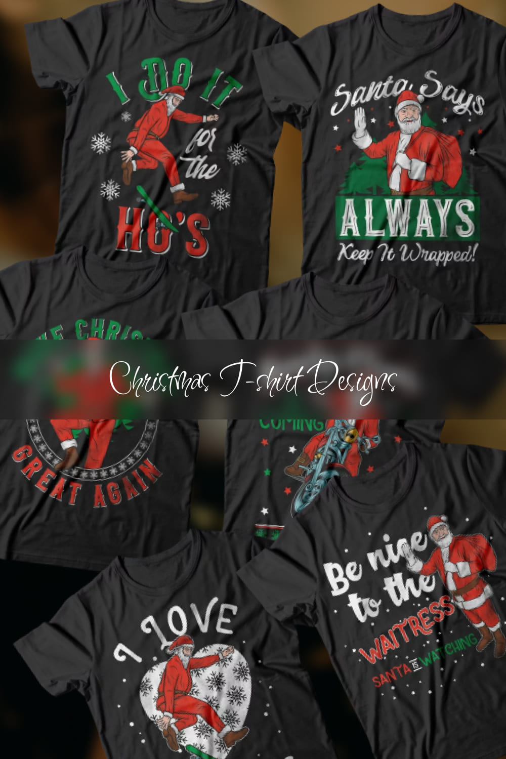 Set of images of black t-shirts with colorful prints of cheerful Santa.
