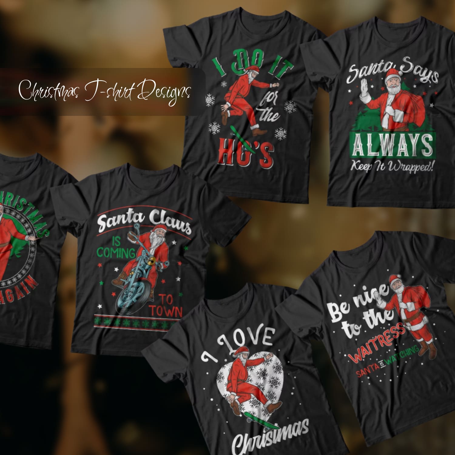 Collection of black t-shirts with bright prints on the New Year theme.