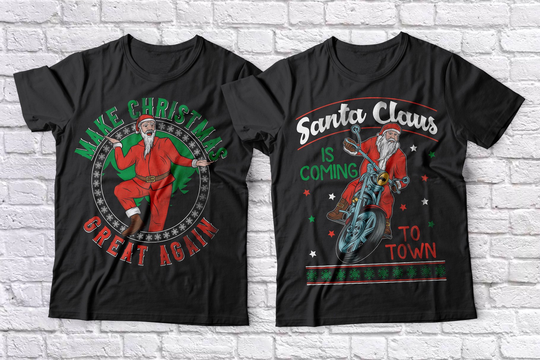 Black T-shirts with memorable funny Santa prints.