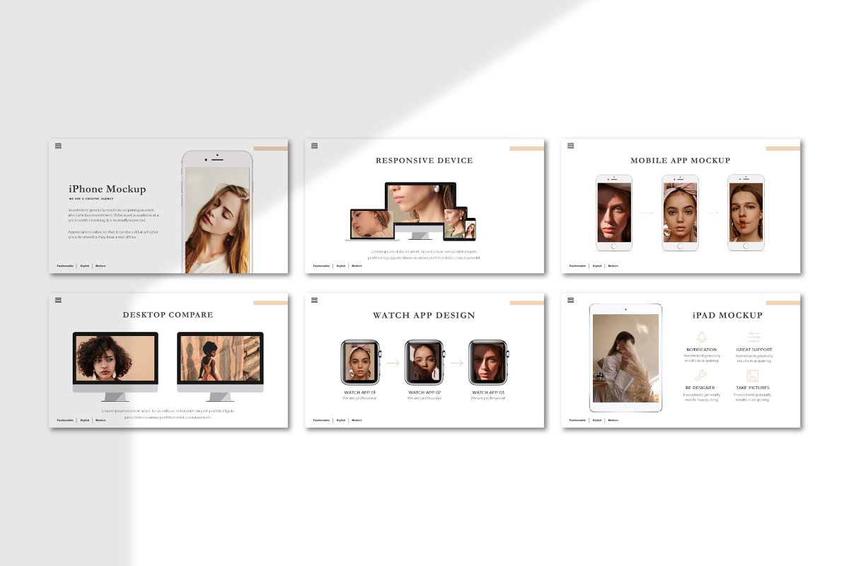 Fashion template with a lot of mockups on the slides.