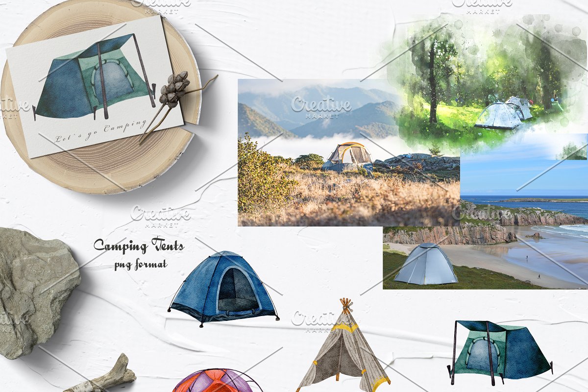 Watercolor camping tents.
