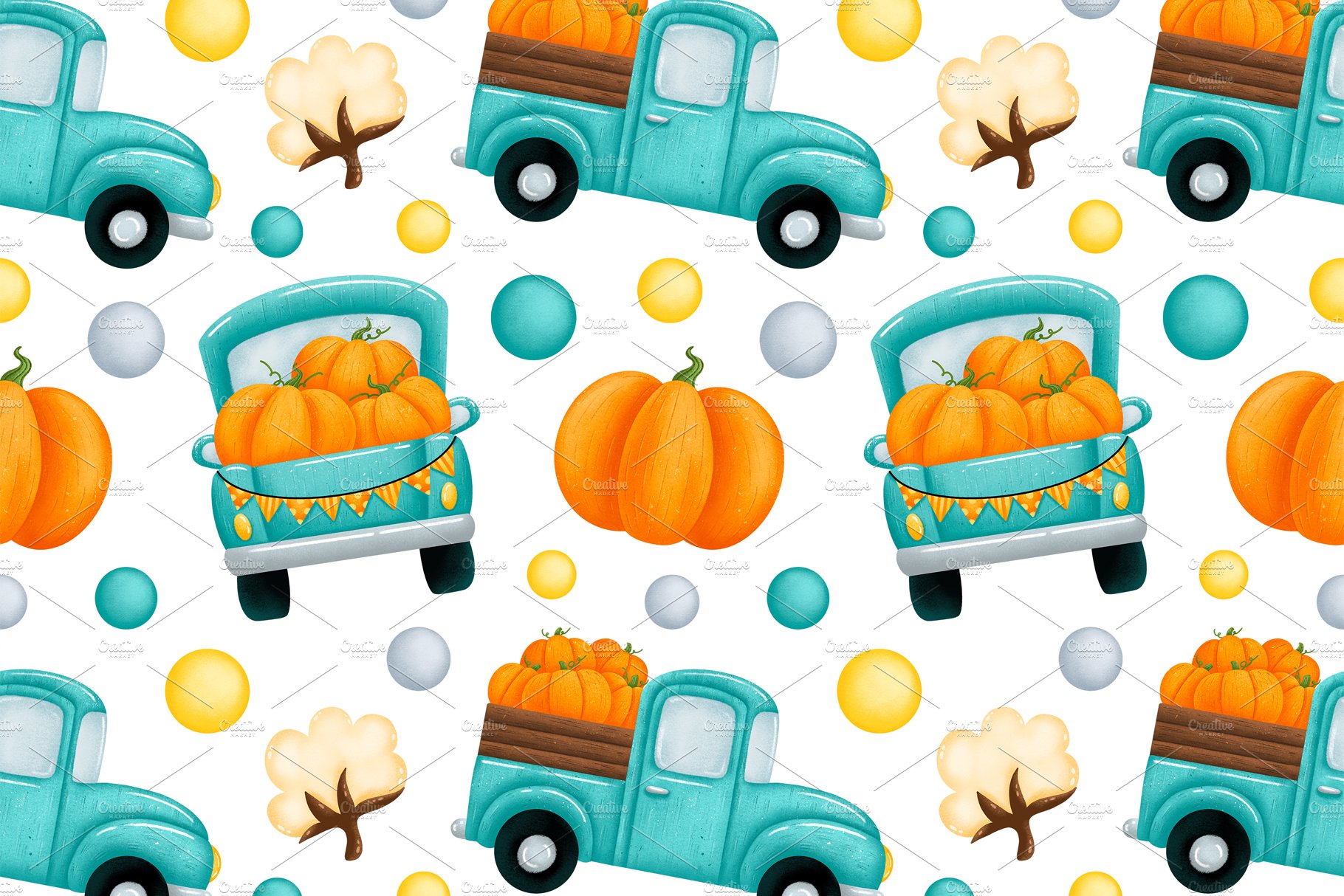 Turquoise trucks with pumpkins.
