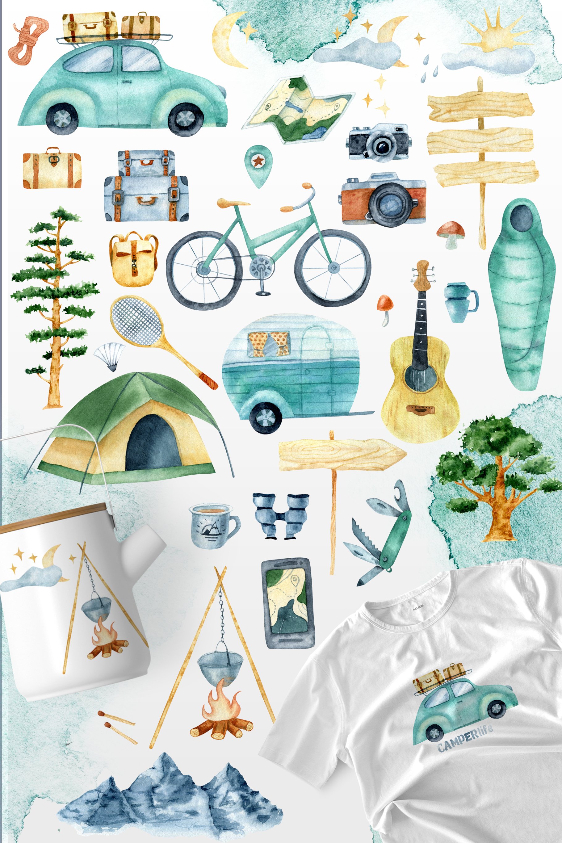 Watercolor camping elements.