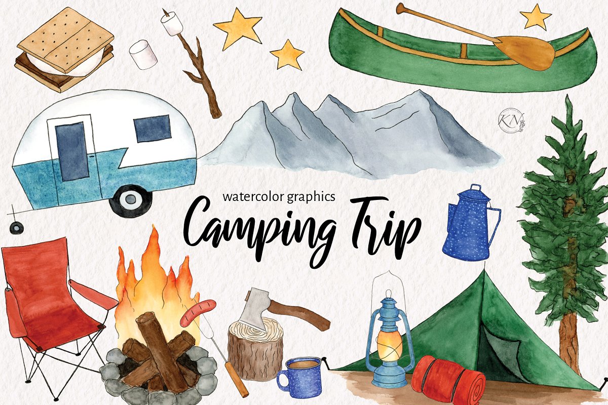 Cover image of Watercolor Camping Graphics.