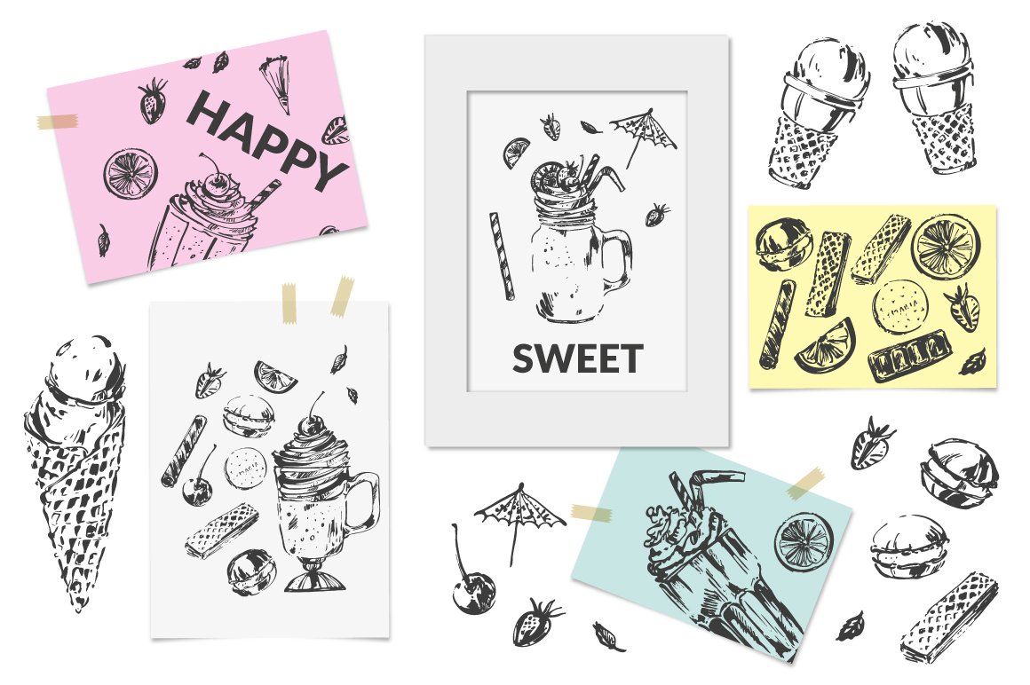 Cool posters with dessert illustrations.