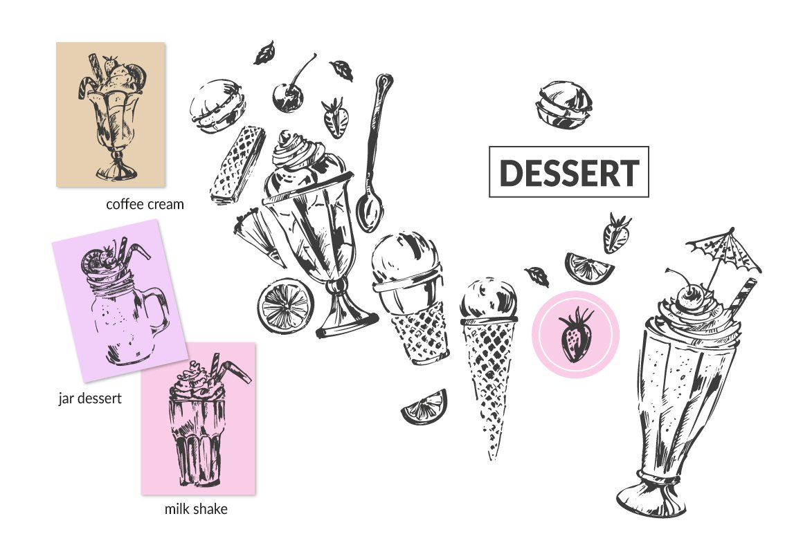 Some dessert options in a hand drawn style.