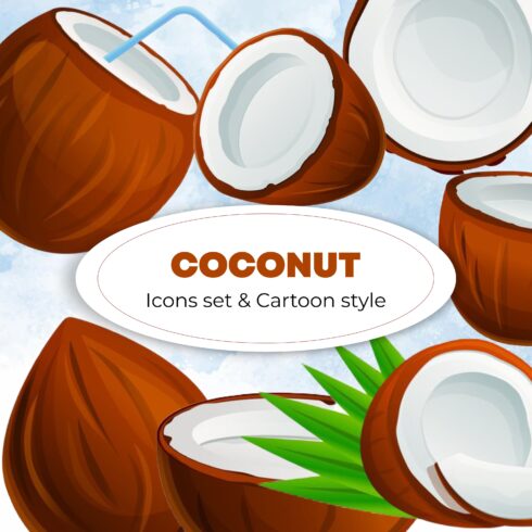 Coconut icons set, cartoon style.