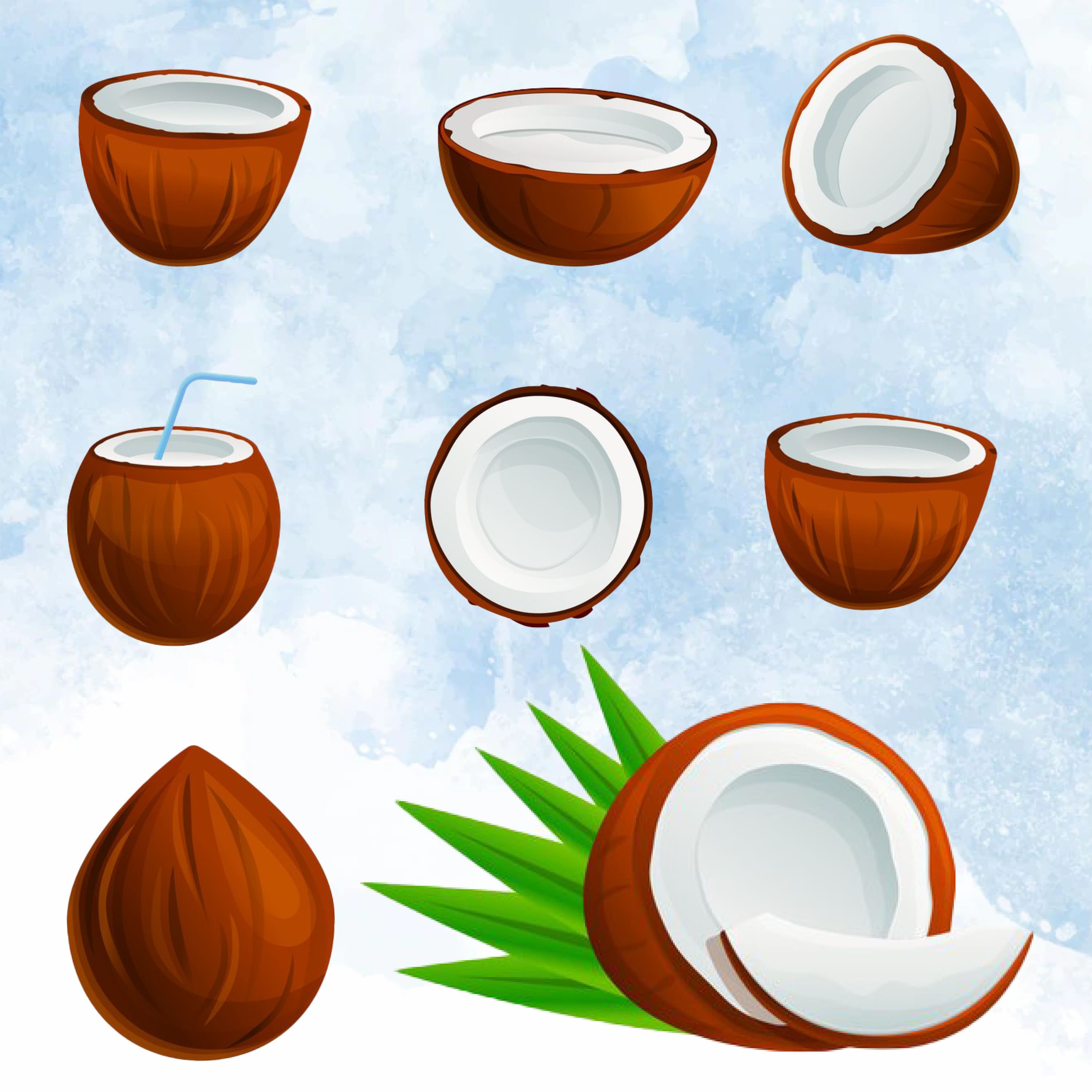 Coconut icons set, cartoon style cover.