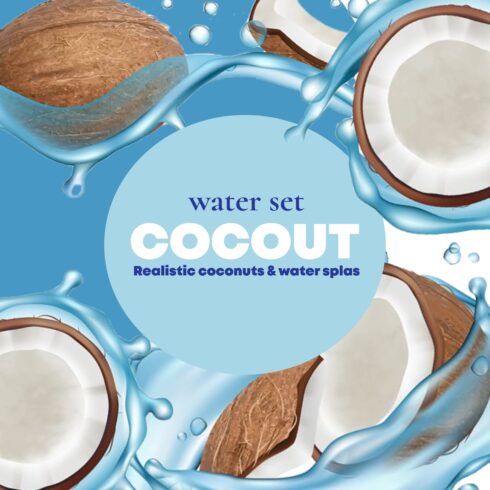 Coconut water set. Vector realistic coconuts and water splas.