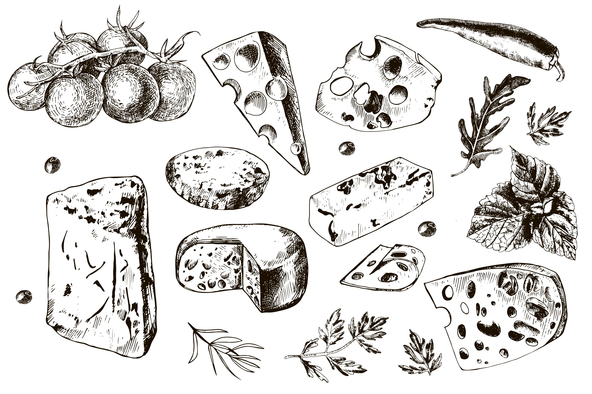 Image of varieties of hard cheese and vegetables drawn by pencils.