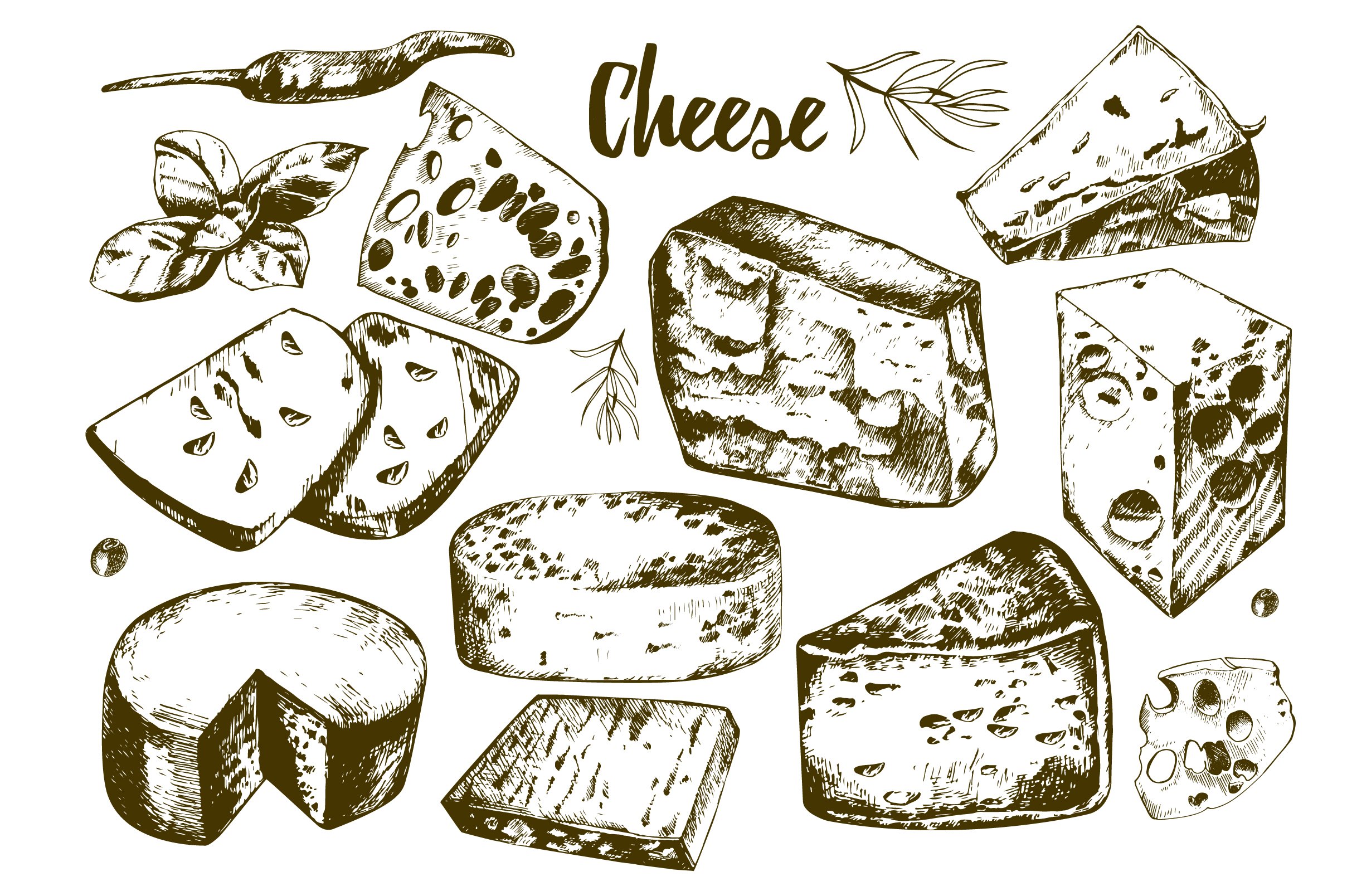 Сет изображений твердего сыру и овощей нарисованых от руки .