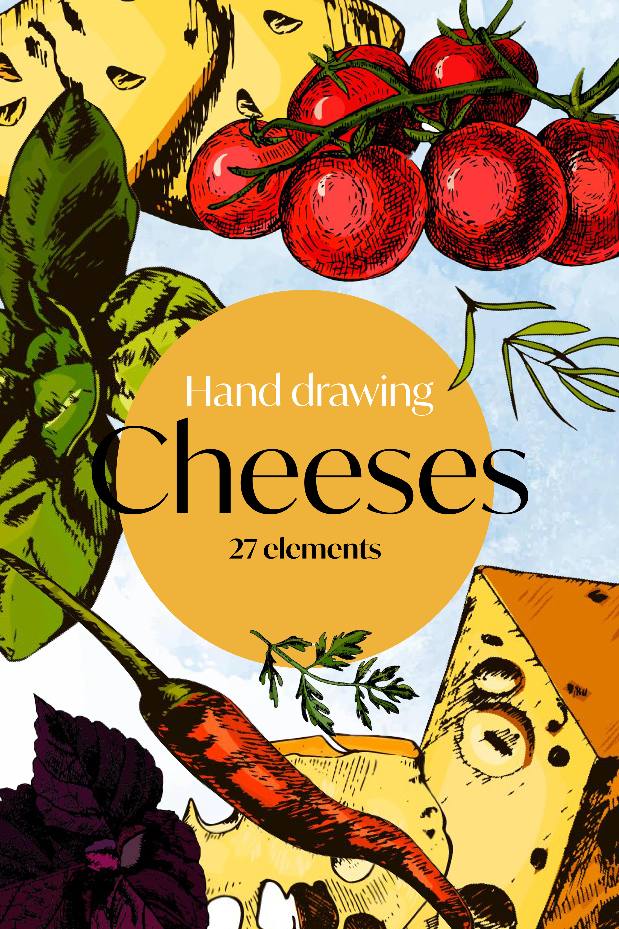 Collection of bright images of hard cheese and vegetables.