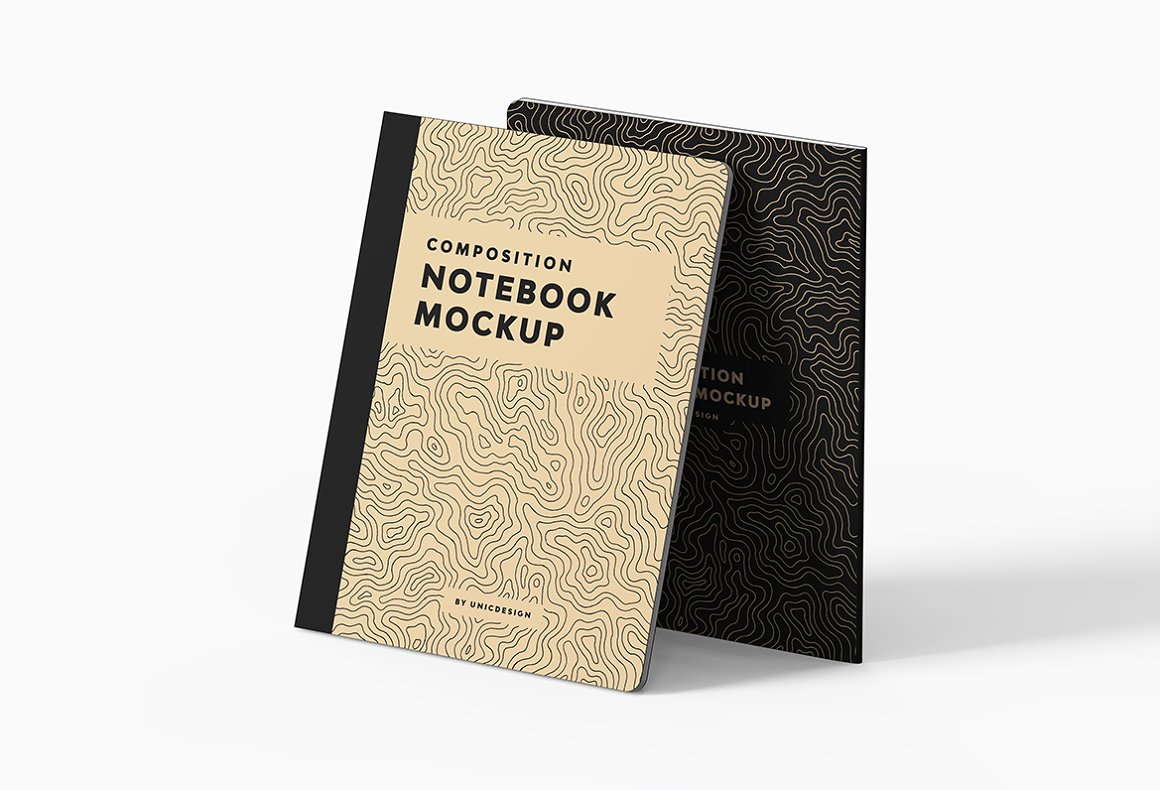 Images of a beige and black notebook with lovely patterns.