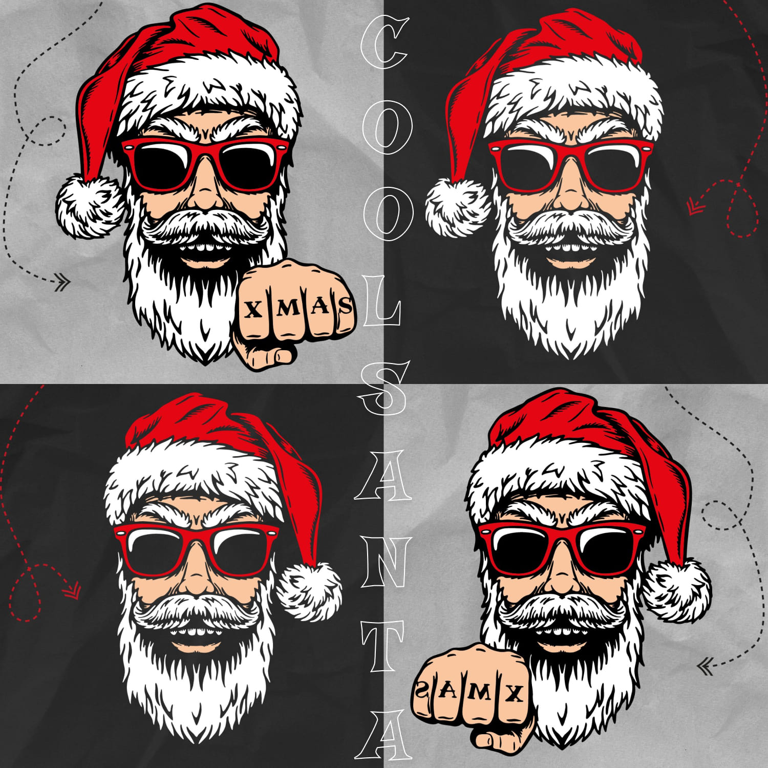 Set of colorful images with cool santa in sunglasses.