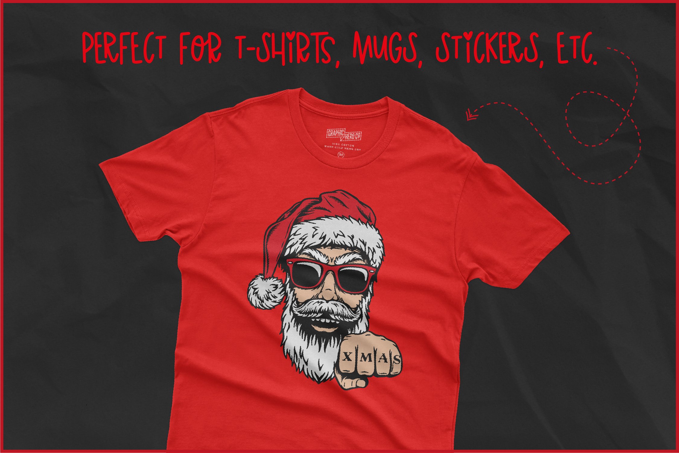Red T-shirt with a bright image of a brutal santa.