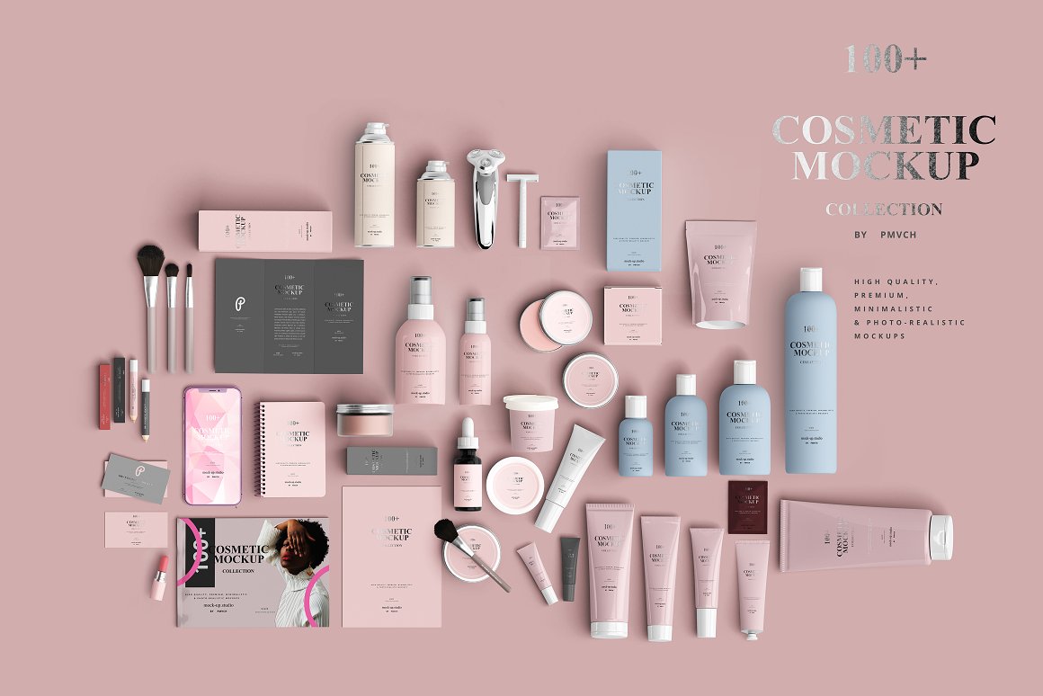 Light pink and light blue 50 different beauty and skin care products.