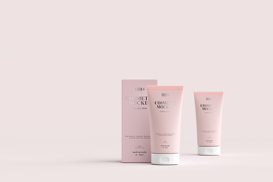 A set of 2 skin care products and box in pink tone.