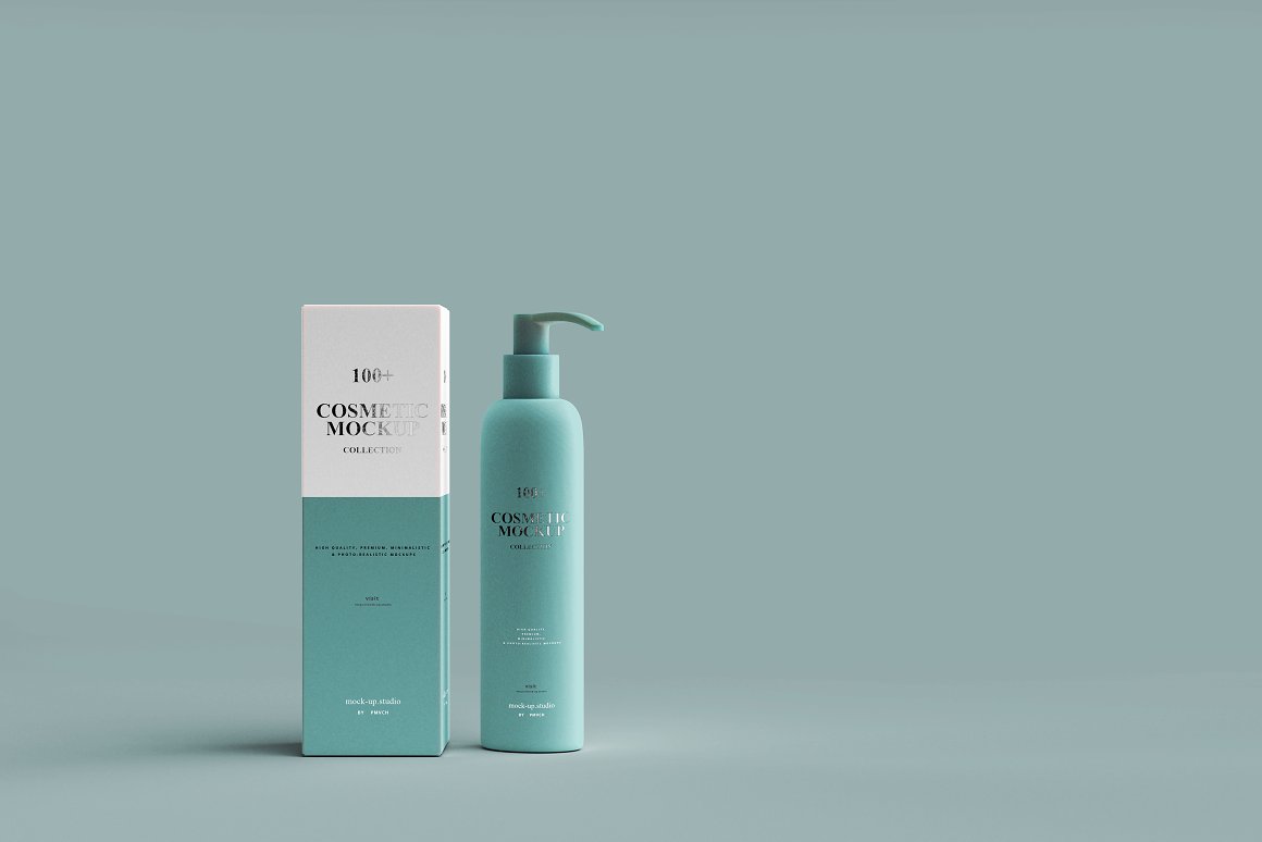 A blue skin care product and white and blue box for it on a grey-blue background.
