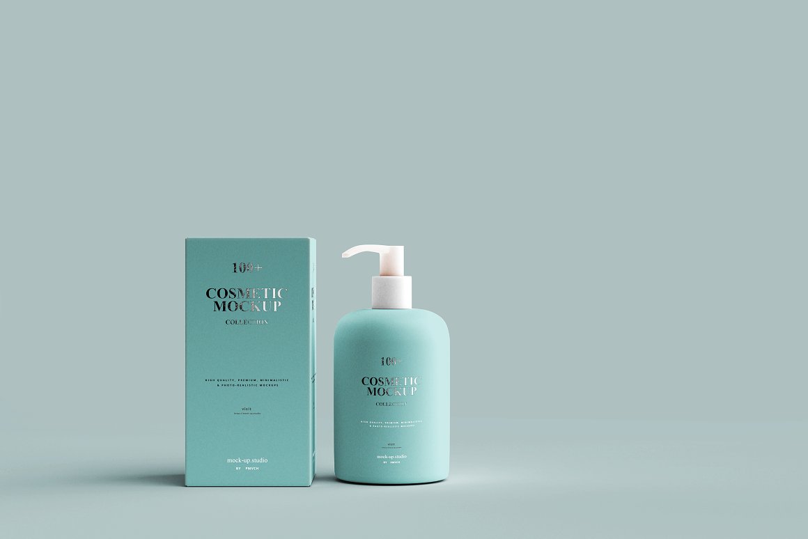 A blue skin care product and blue box for it on a grey-blue background.