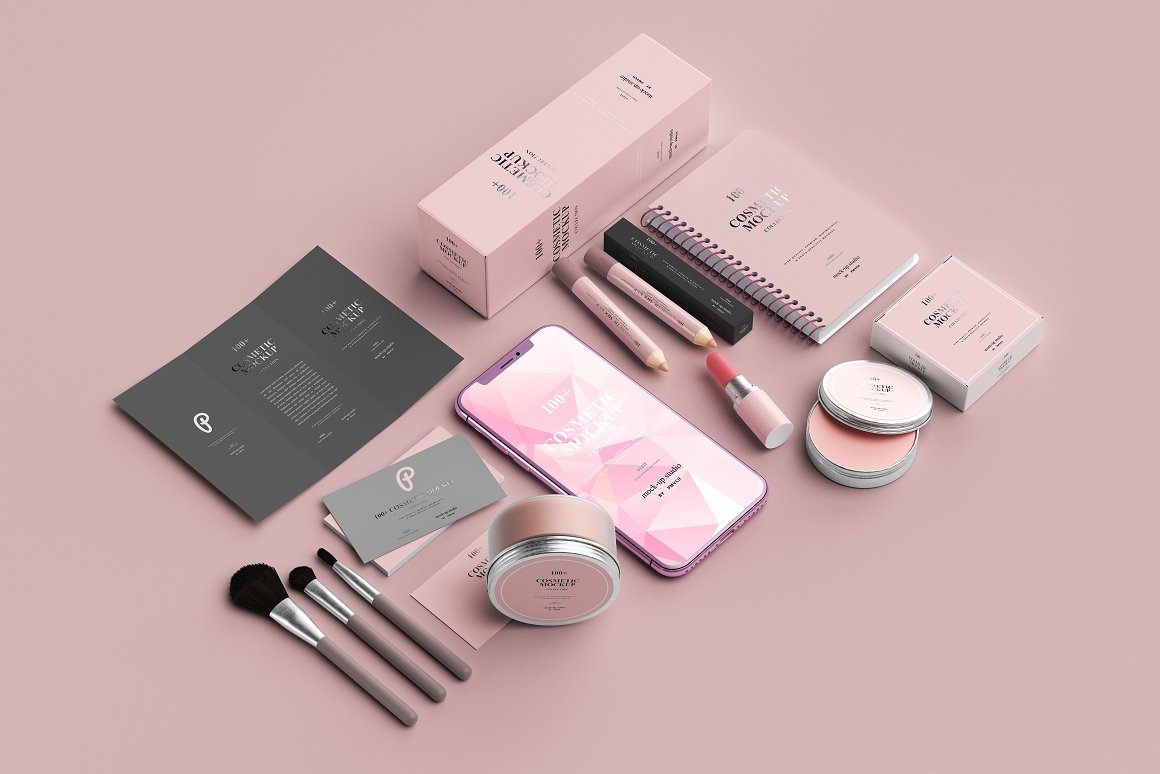 Set of 3 brushes, blush, lipstick, powder, 2 lip pencils, boxes for them, phone mockup, notebook, postcards and business cards in pink shades.