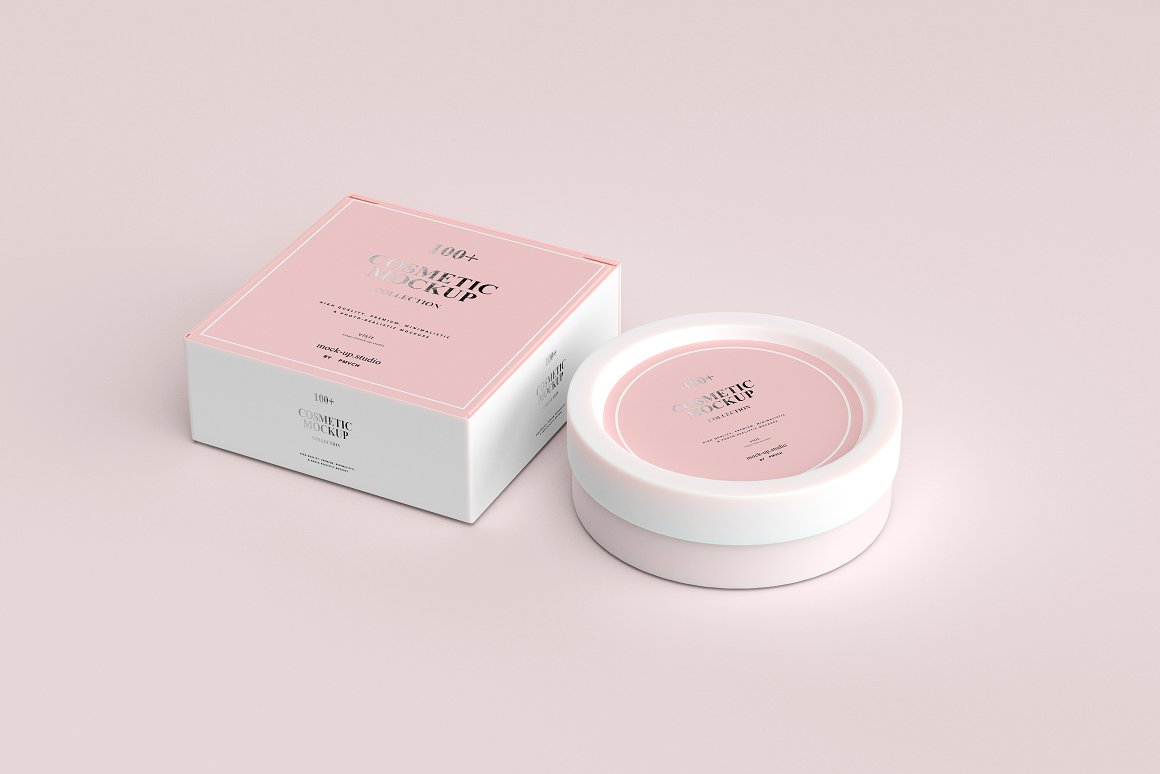 A pink jar with a white and pink lid and a pink and white box for a skin care product.