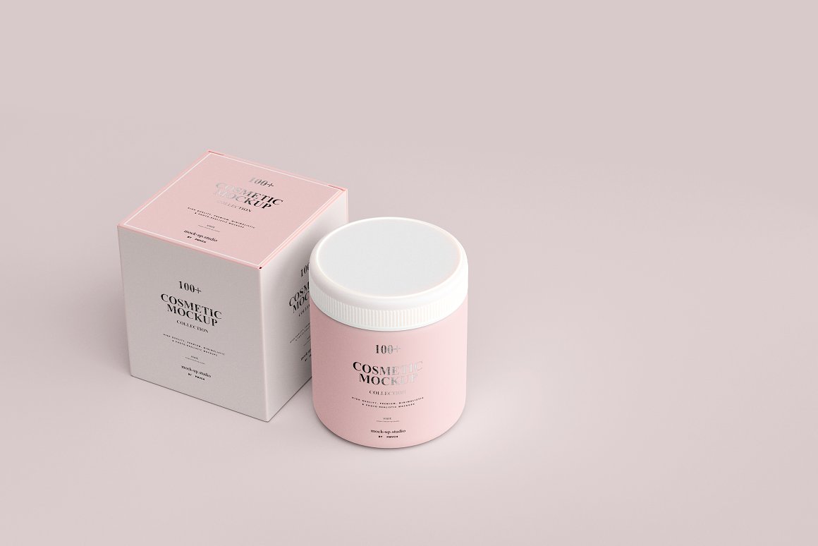 A pink jar with a white lid and a white and pink box for a skincare product.