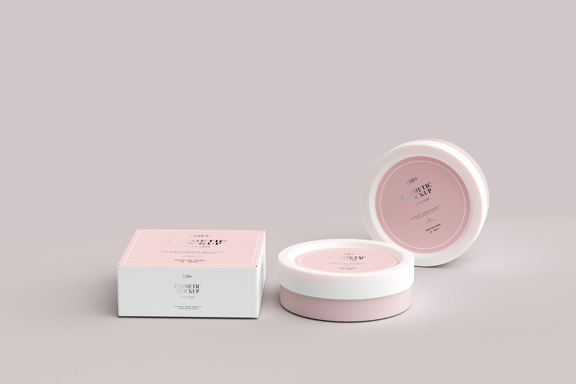 2 pink jars with white and pink lids and a white and pink box for a skincare product.