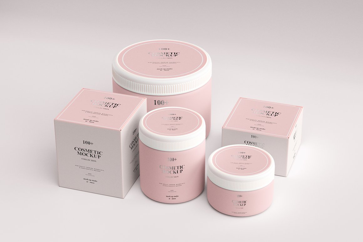 3 different pink jars with white and pink lids and 2 white and pink boxes for skincare products.
