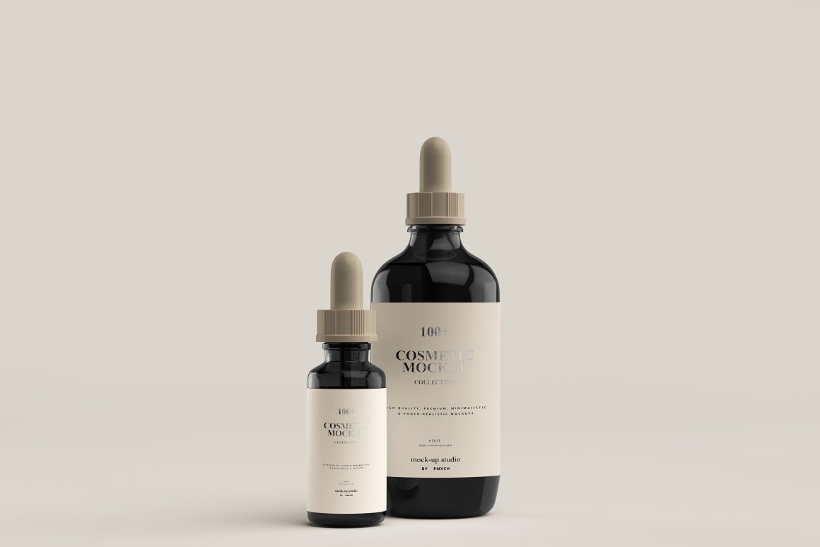 2 different dark glass serums with a beige label and a brown pipette.