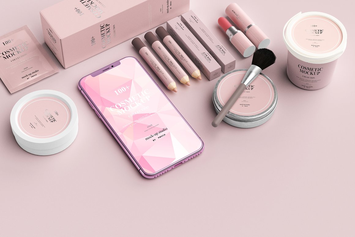 A set of a brush, 3 lip pencils, 2 lipsticks, powder, a plastic jar, a cosmetic jar, a small bag of cosmetic product, a mockup of a phone and a box for them in pink tones.
