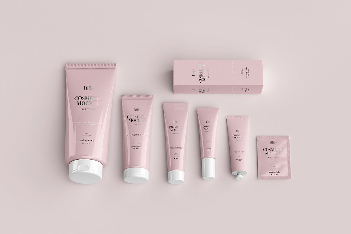 6 pink different skincare products and a pink box for a skincare product.