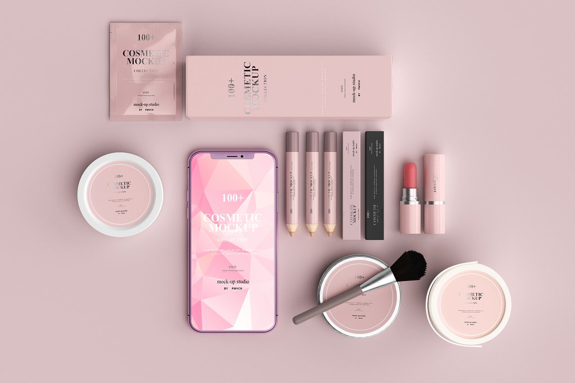 A set of a brush, 3 lip pencils, 2 lipsticks, powder, a plastic jar, a cosmetic jar, a small bag of cosmetic product, a mockup of a phone and a box for them in pink tones.