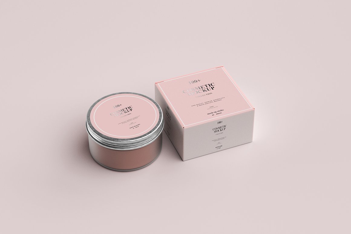 A pink jar with pink label on iron lid and a pink and white box for a skincare product.
