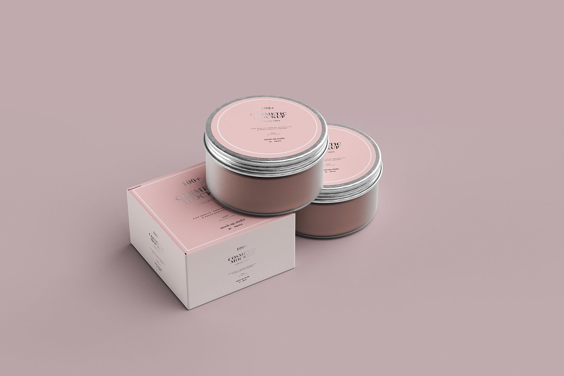 2 pink jars with pink labels on iron lids and a pink and white box for a skincare product.