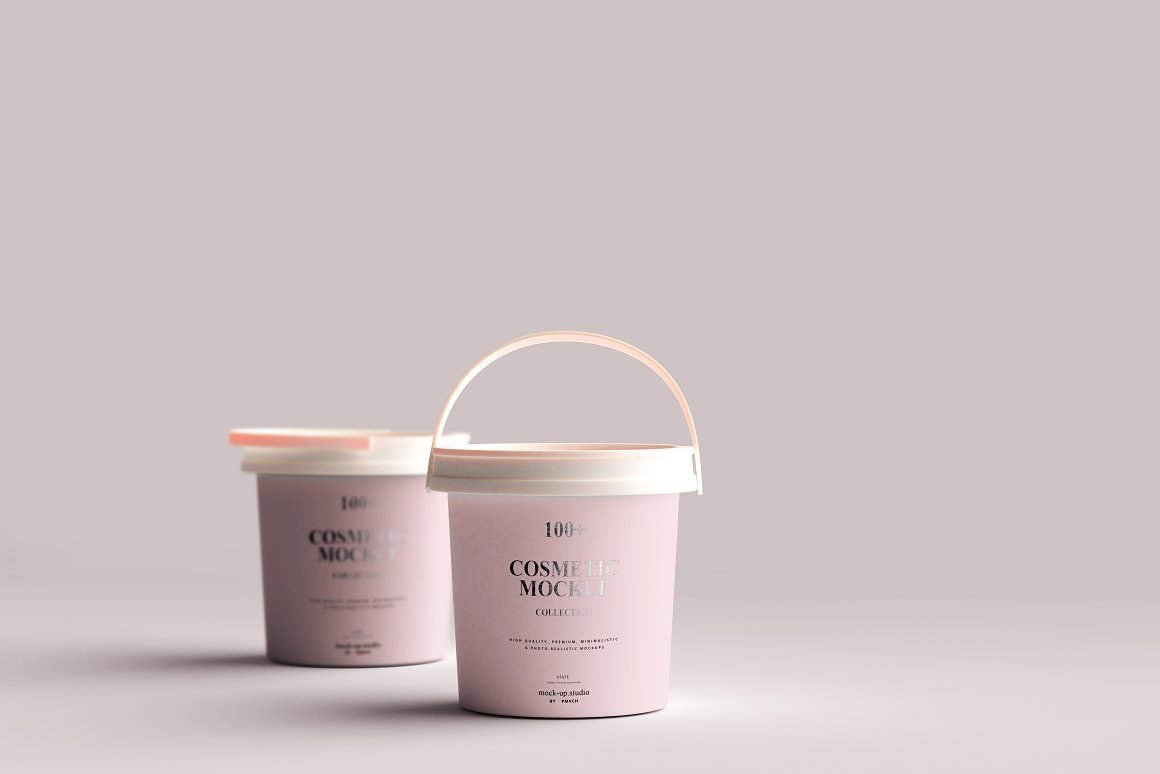 2 pink small buckets with white lids.