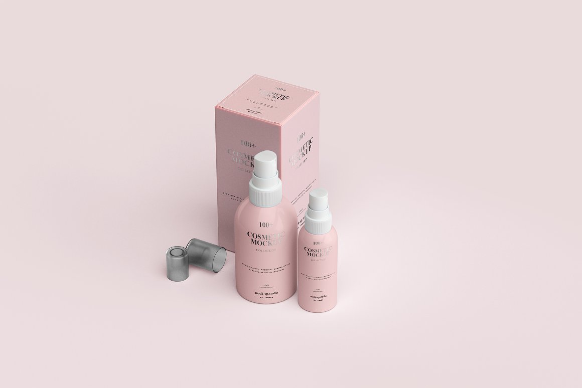 2 different pink sprays with a gray cap and a pink skincare box.