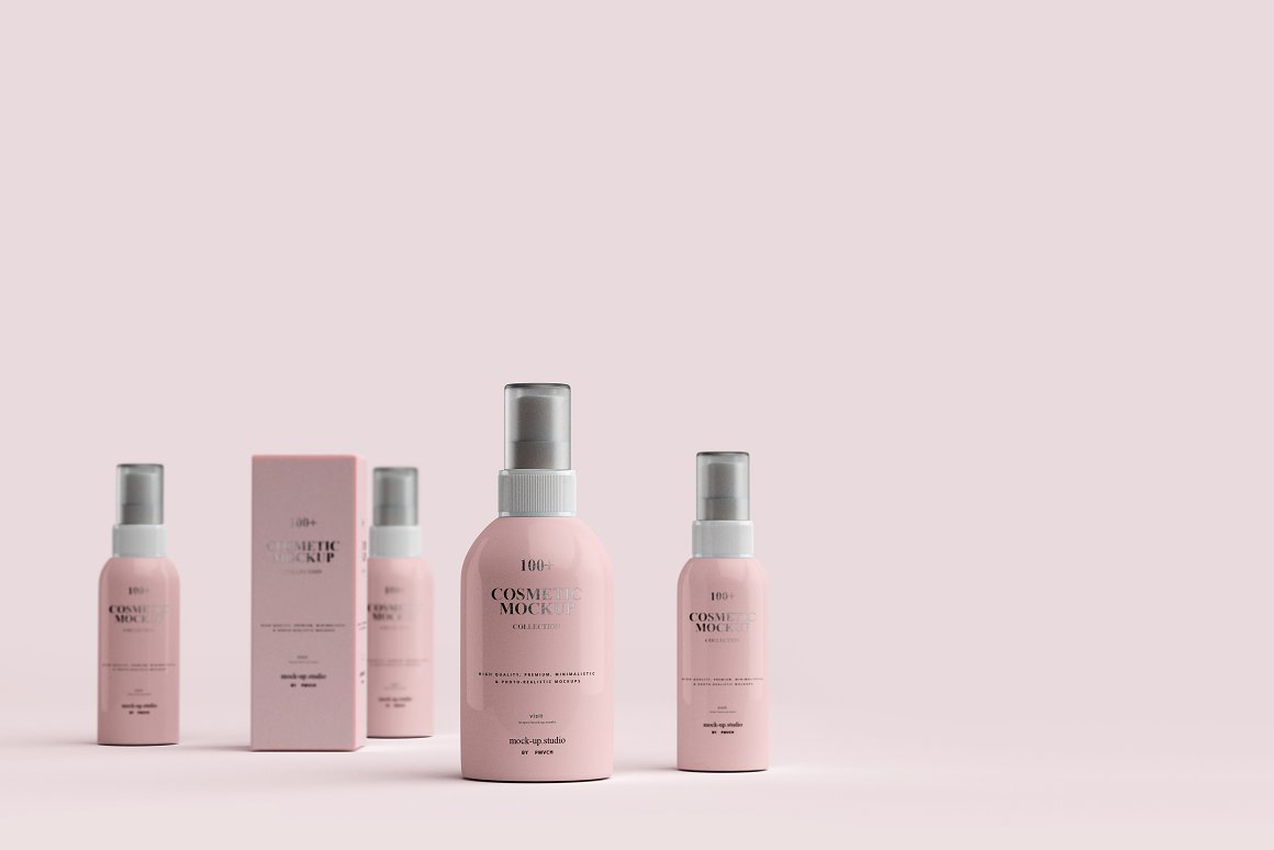 4 different pink skincare sprays with a gray cap and a pink box for it.