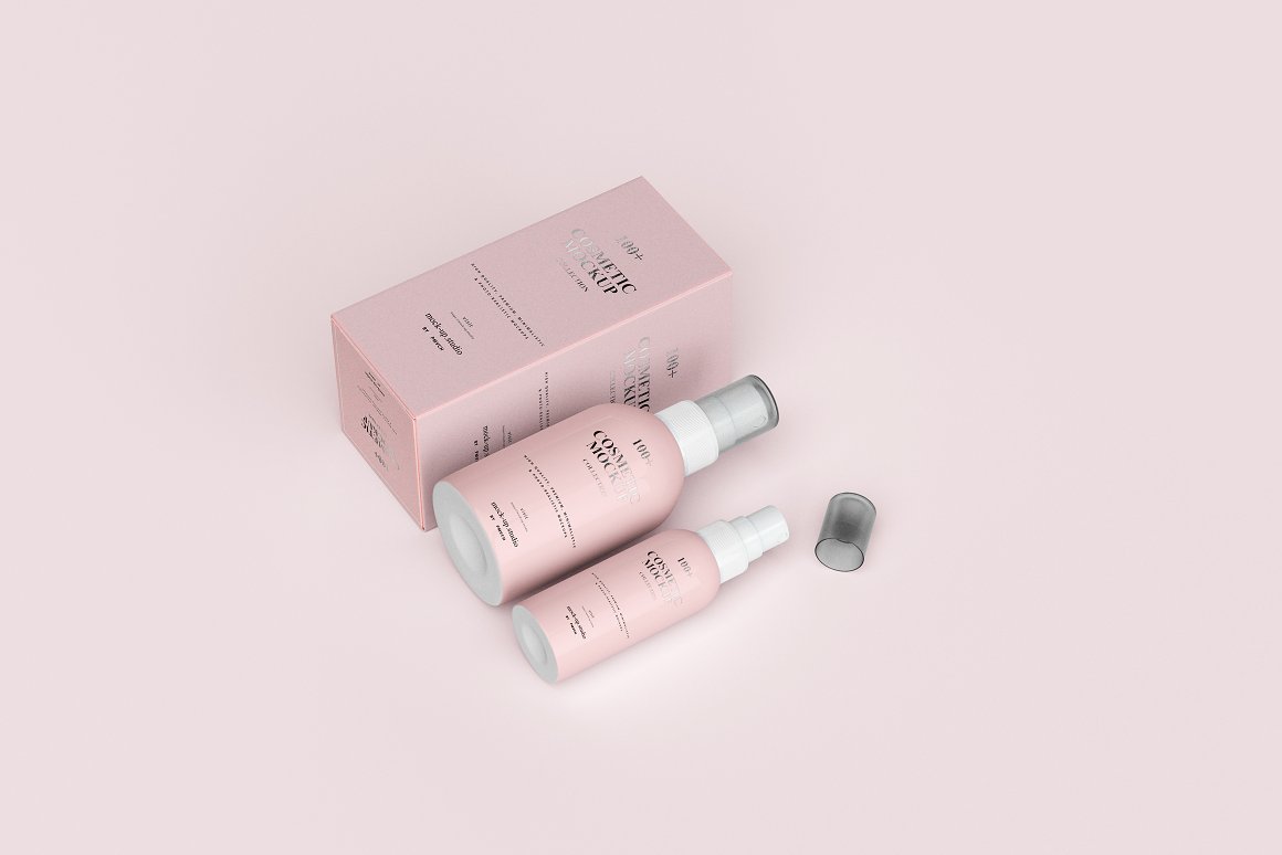 2 different pink skincare sprays with a gray cap and a pink box for it.