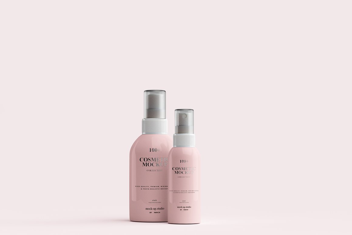 2 different pink skincare sprays with a gray cap.