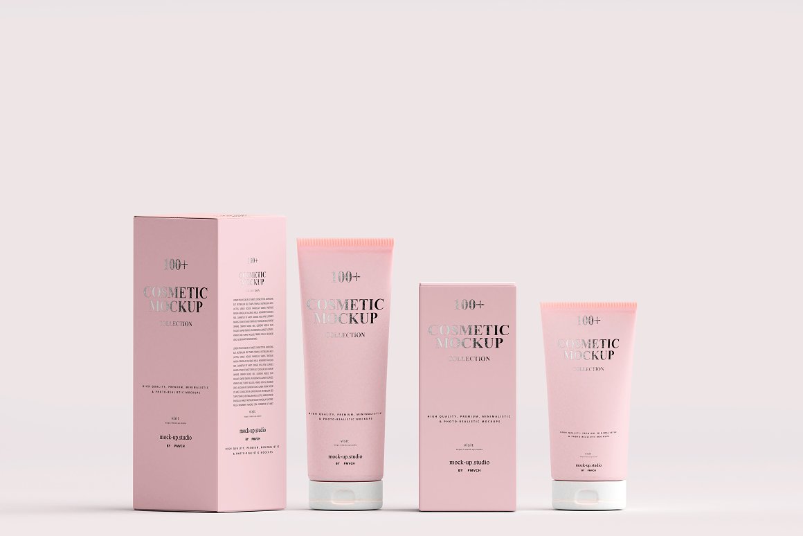 A set of 2 skin care products and boxes for them in pink tone.