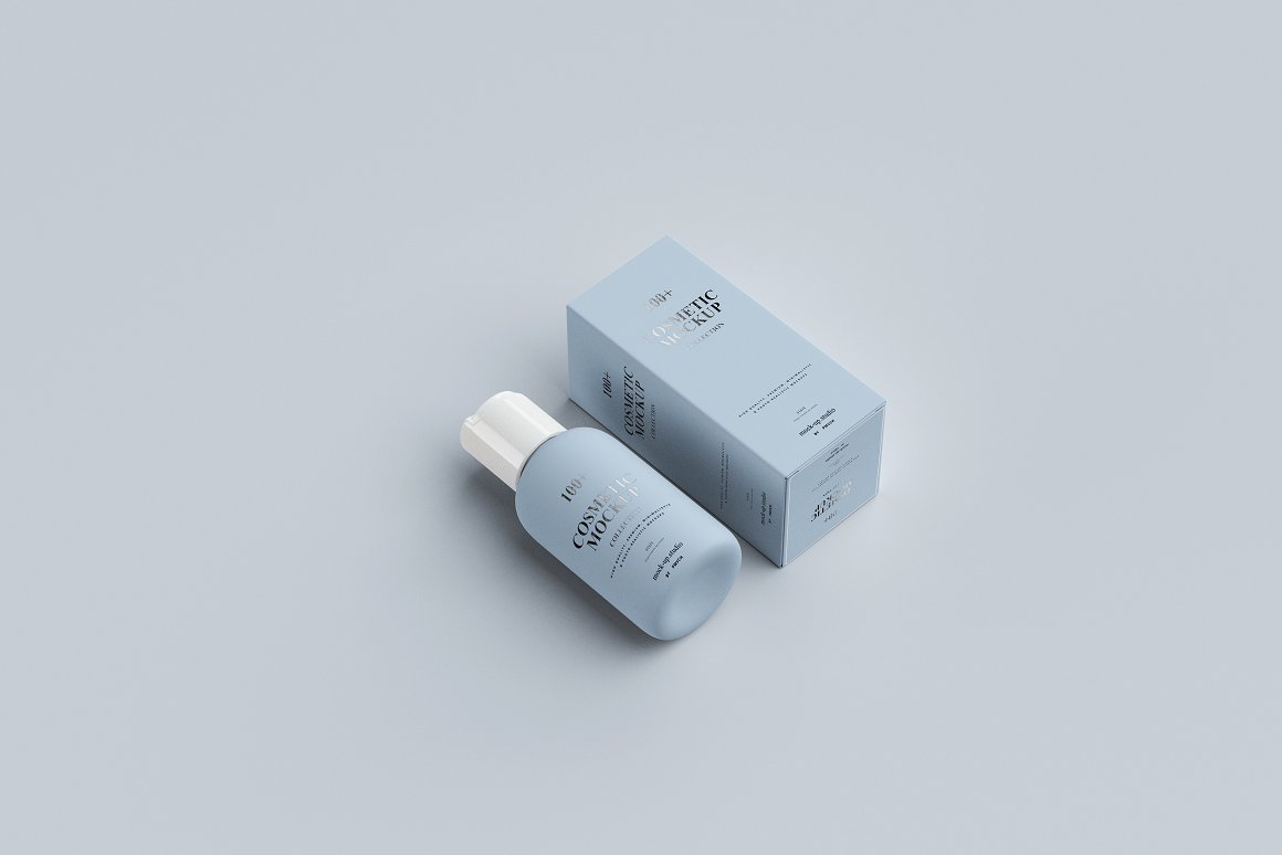 A light blue skincare bottle with white cap and a light blue box for it.