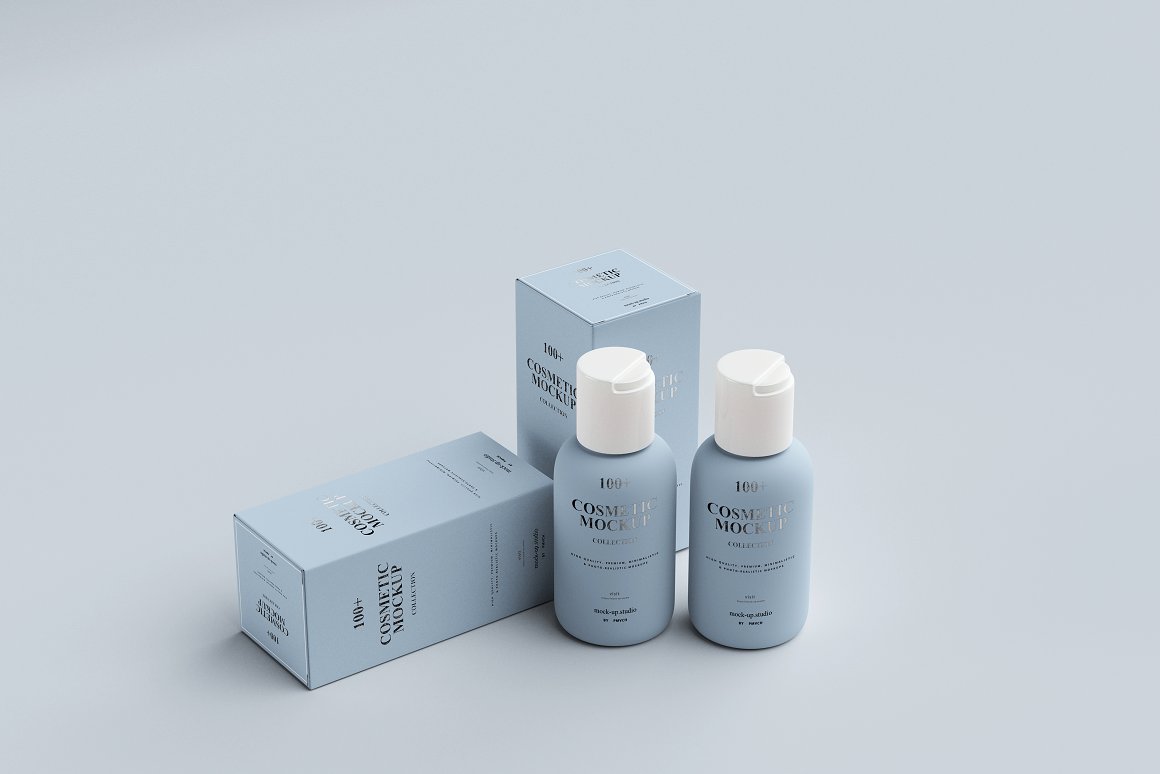 2 light blue skincare bottles with white cap and light blue boxes for them.