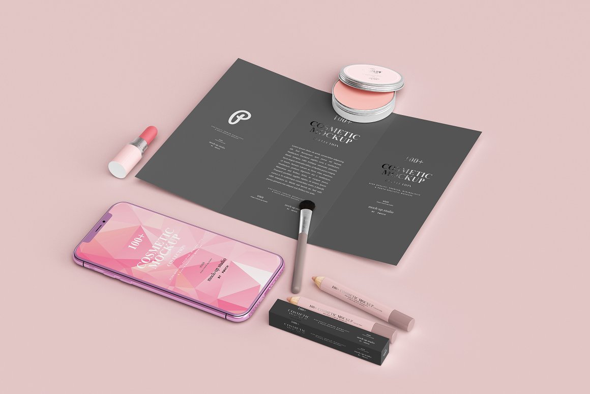 Set consisting of pink lipstick, brush, blush, 2 pink lip pencils and dark gray box for it, phone mockup and dark gray brochure.