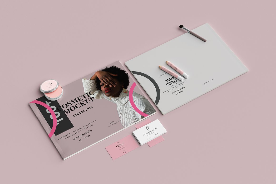 Set consisting of 2 magazines, brush, 2 pink lip pencils, blush and white and pink business cards.