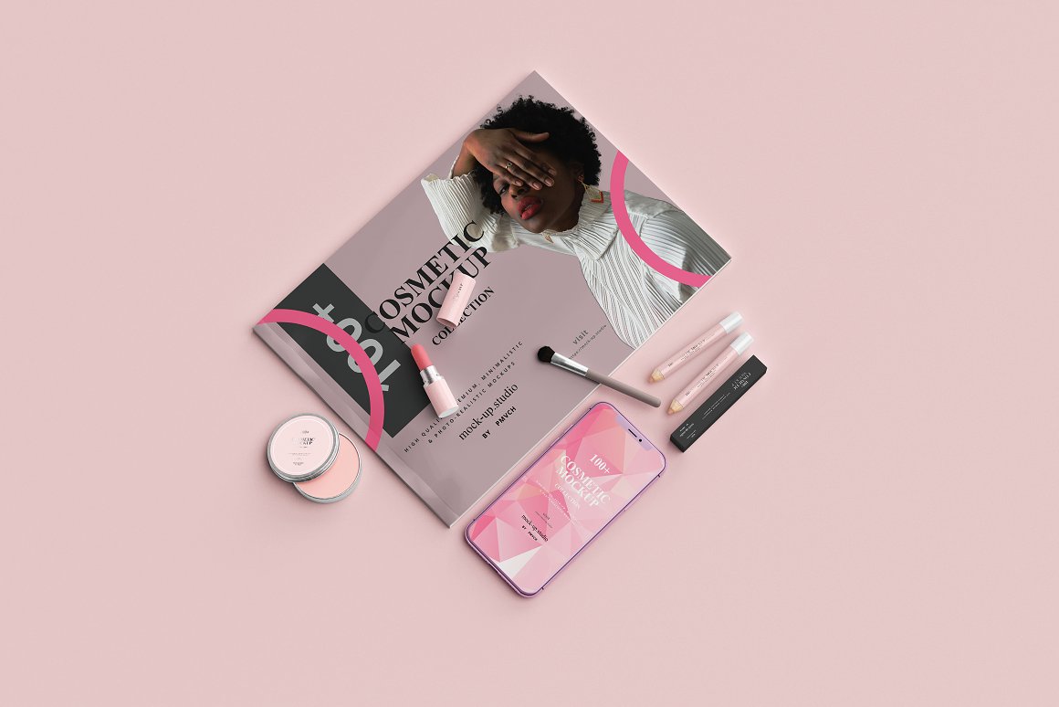 A set consisting of a magazine, blush, 2 pink lip pencils and a dark gray box for it, pink lipstick, a brush and a phone mockup.