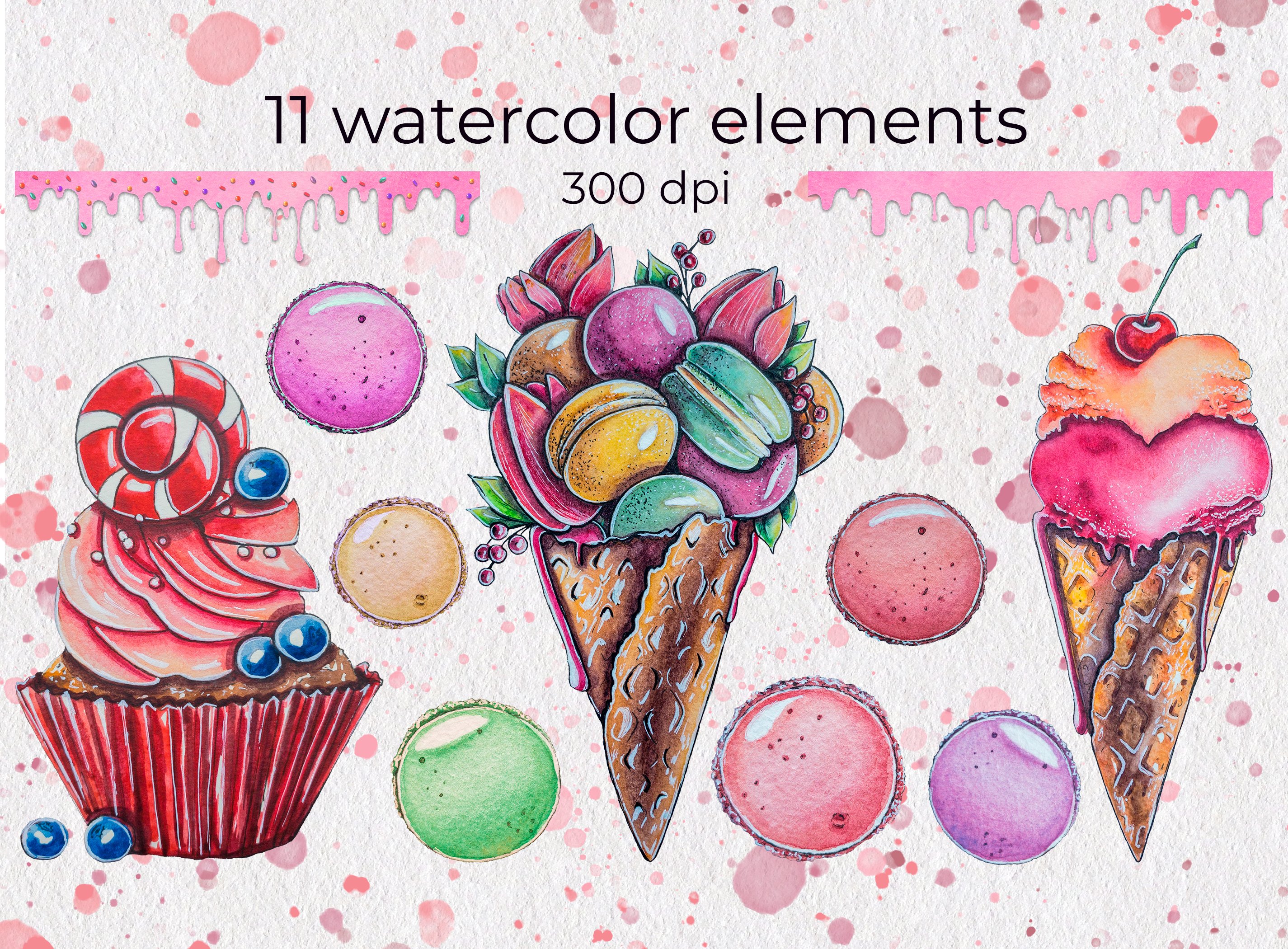Colorful and tasty ice cream illustration with macaroons.